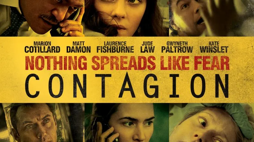 The movie poster for contagion - shows people making phone calls and looking alarmed. 