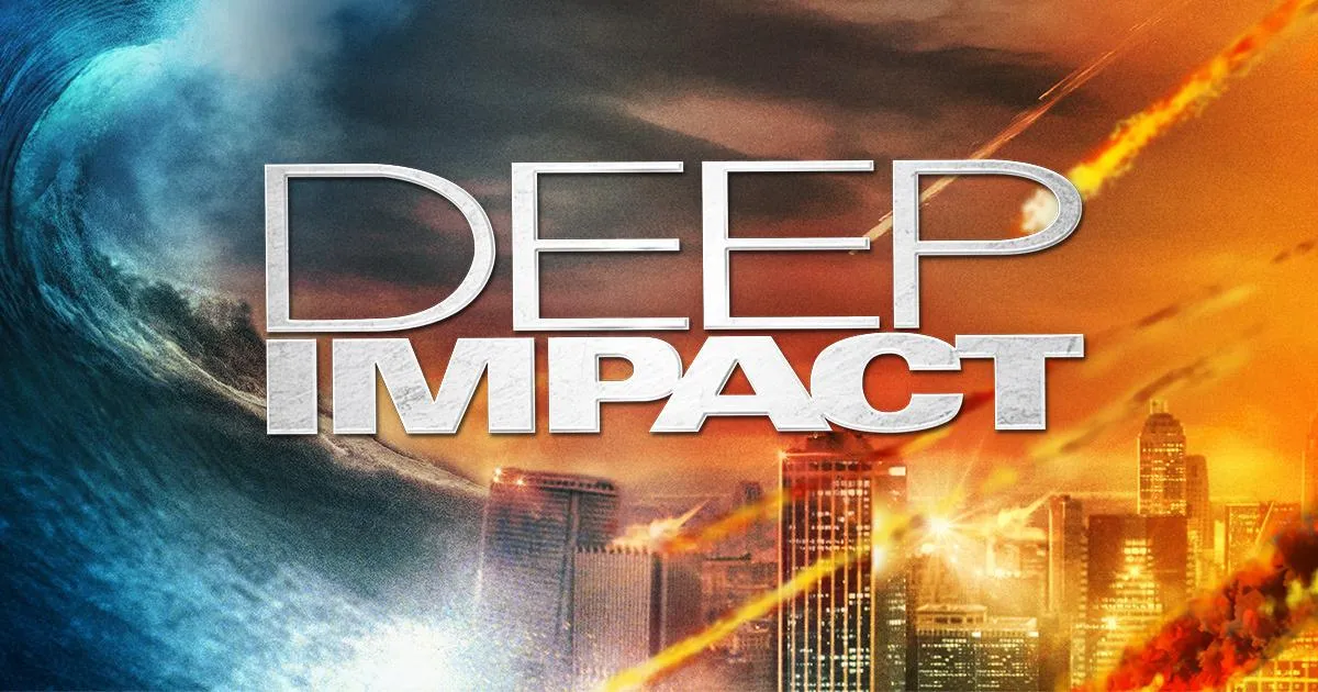 The movie poster for Deep Impact - shows a city on fire and a massive tsunami. 