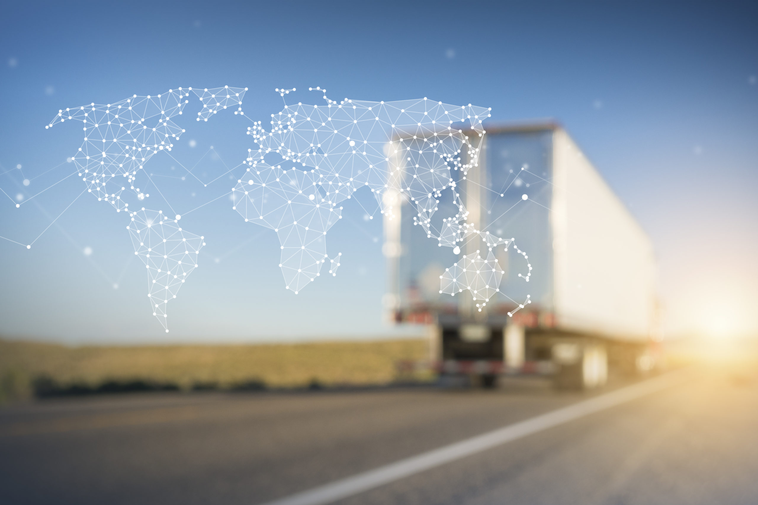 Container Truck on Highway with Polygon Network World Map Graphic