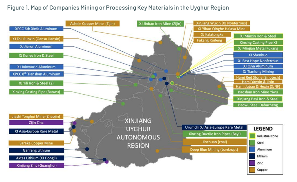 A map of the Xinjiang region showing where companies that mine or process key materials are located. 