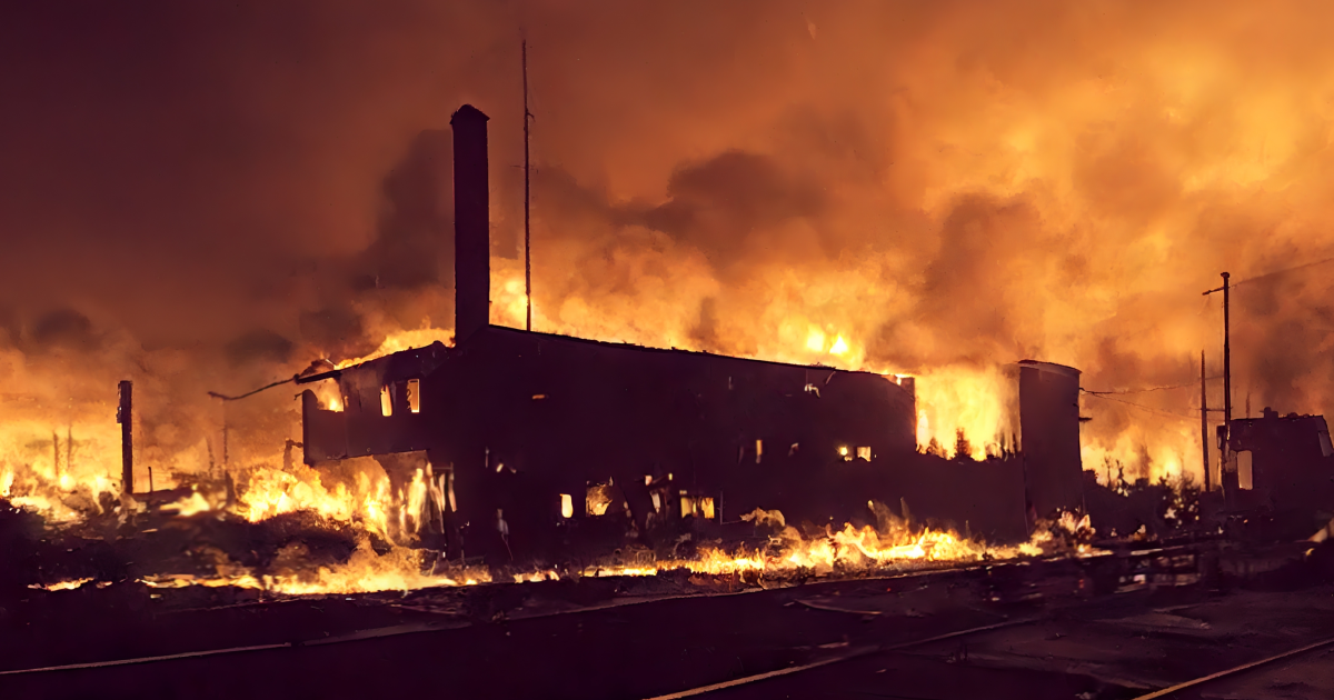 Factory Fires were the top supply chain disruption for the first half of 2023. This header image shows a factory fire.
