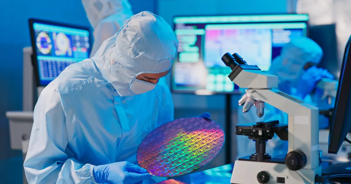 A semiconductor worker examines a chip wafer